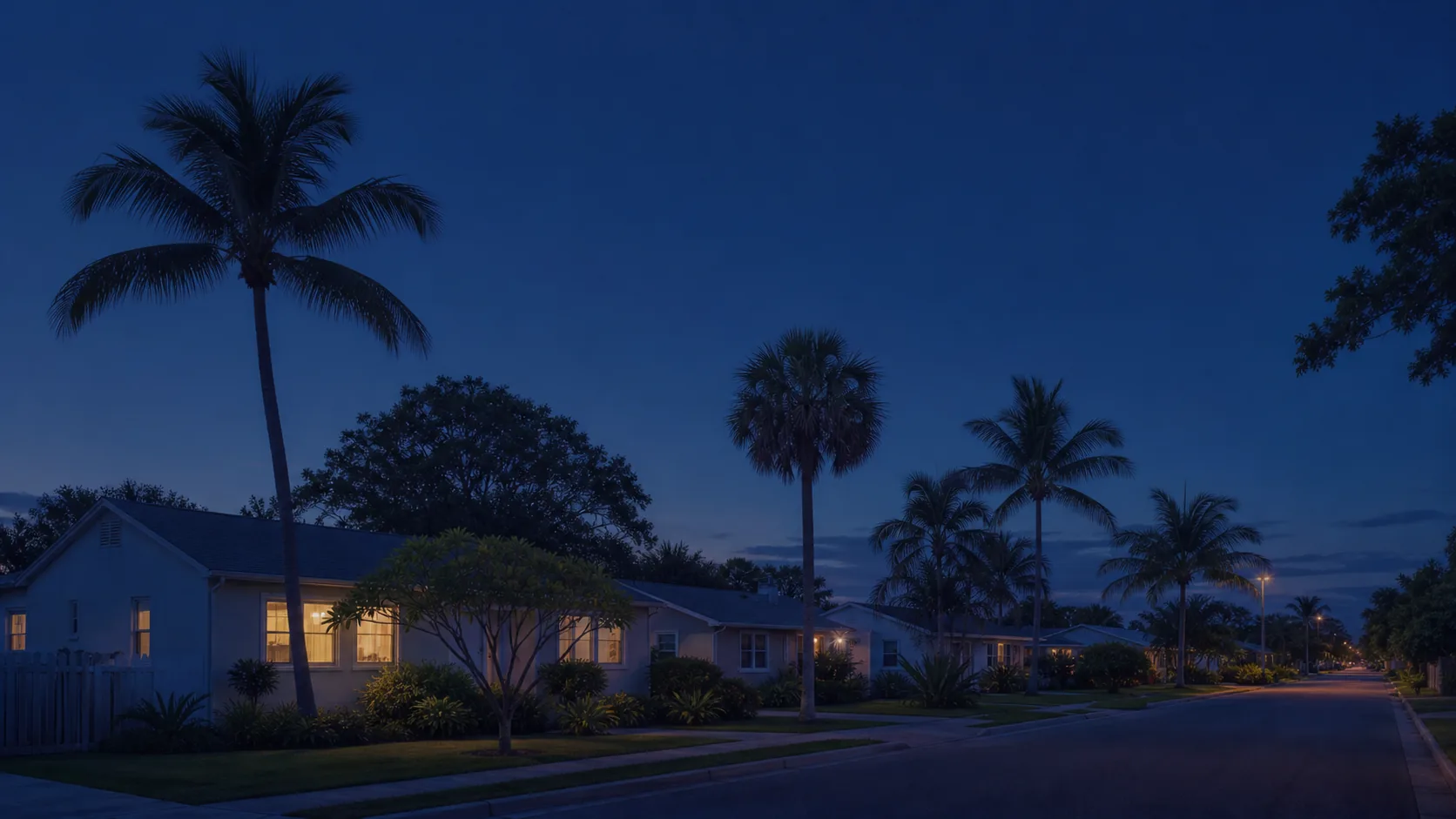 Quiet palm-lined residential street at dusk with lit windows