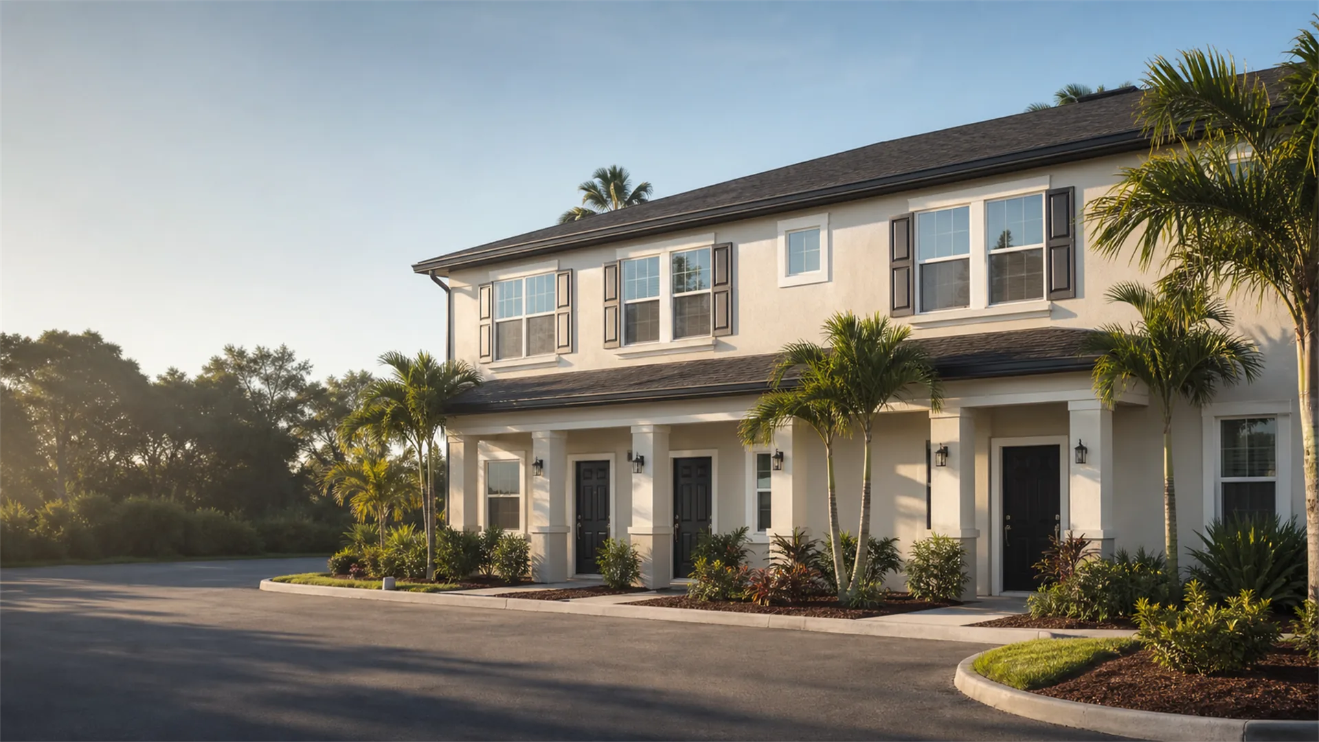 Two-story townhouse rental building with palm-lined landscaping