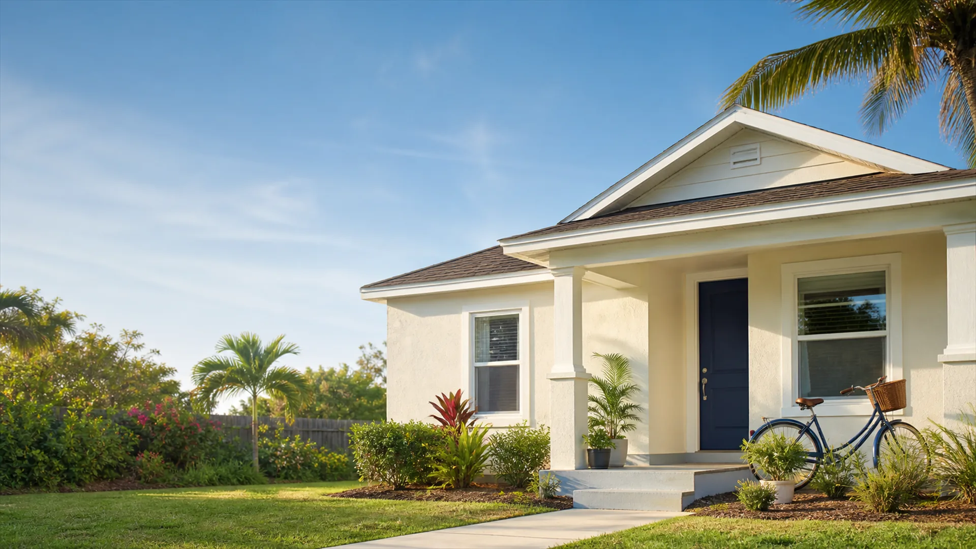 Single-story stucco home at dusk with porch lights on