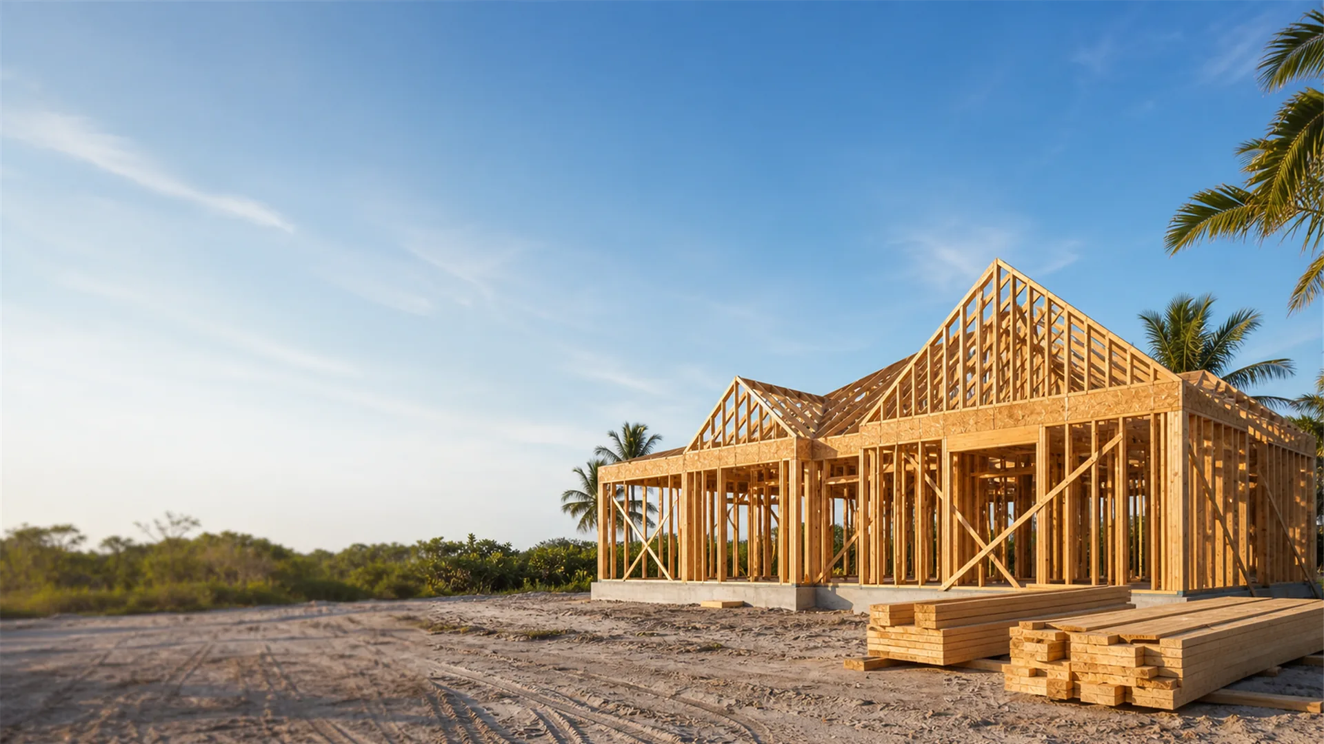 Wood-framed new home under construction on a cleared lot