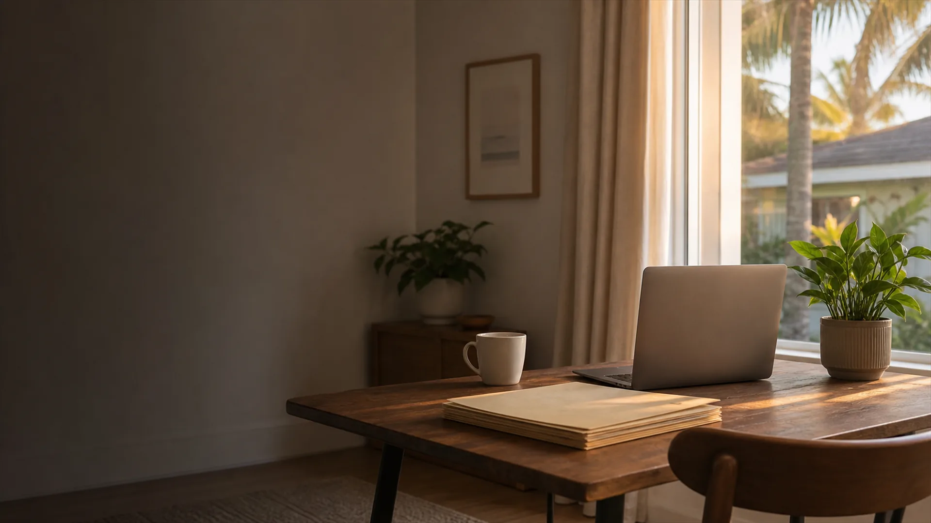Home office desk with a laptop and paperwork by a sunny window