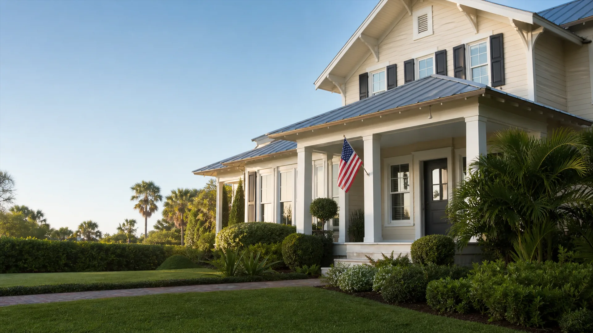 Two-story home with an American flag on the front porch