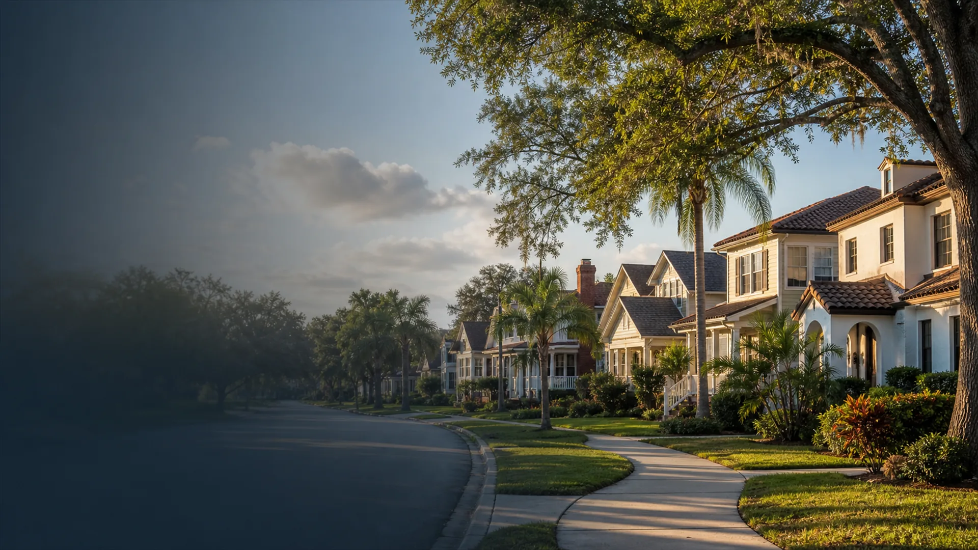 Curving sidewalk past two-story homes under oak and palm trees