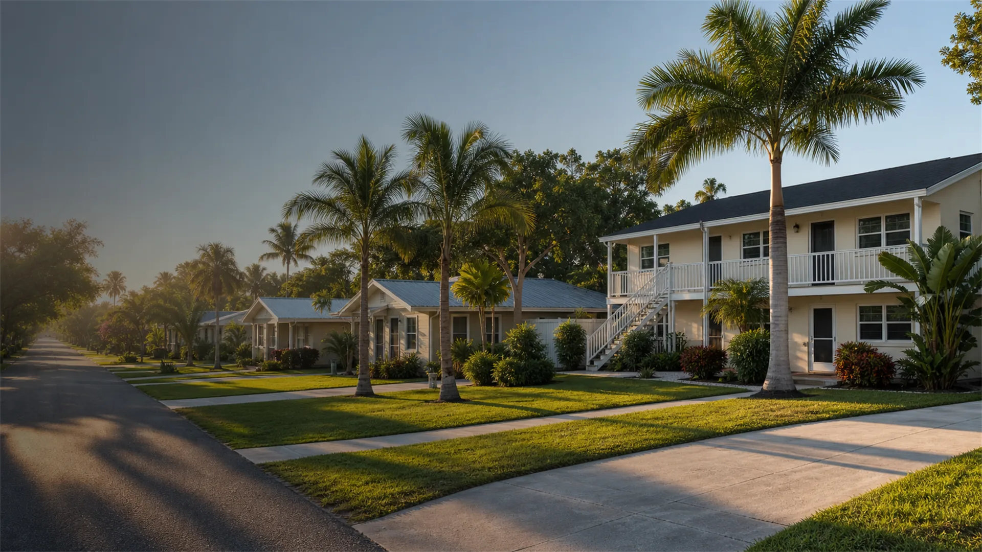 Row of rental homes and a two-story duplex on a palm-lined street