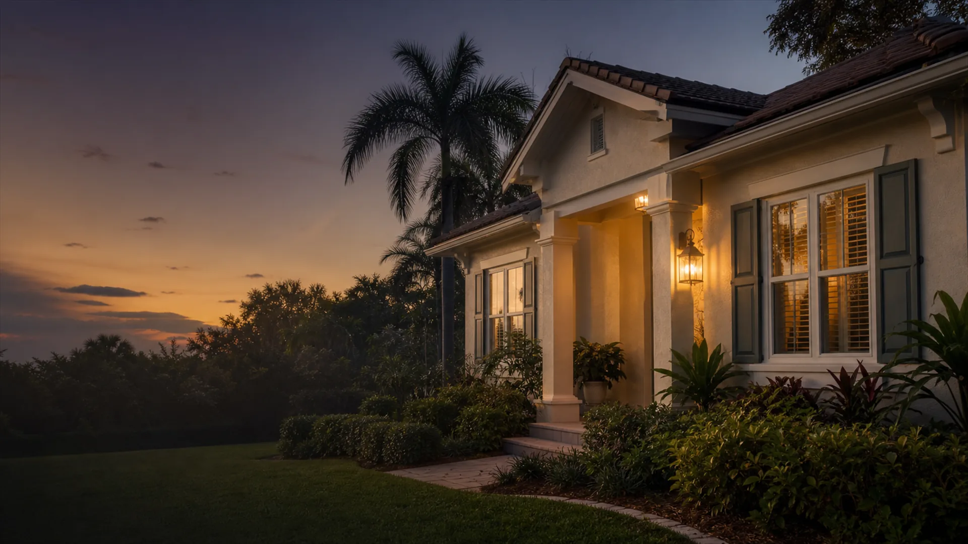 Stucco home at sunset with rocking chairs on the front porch