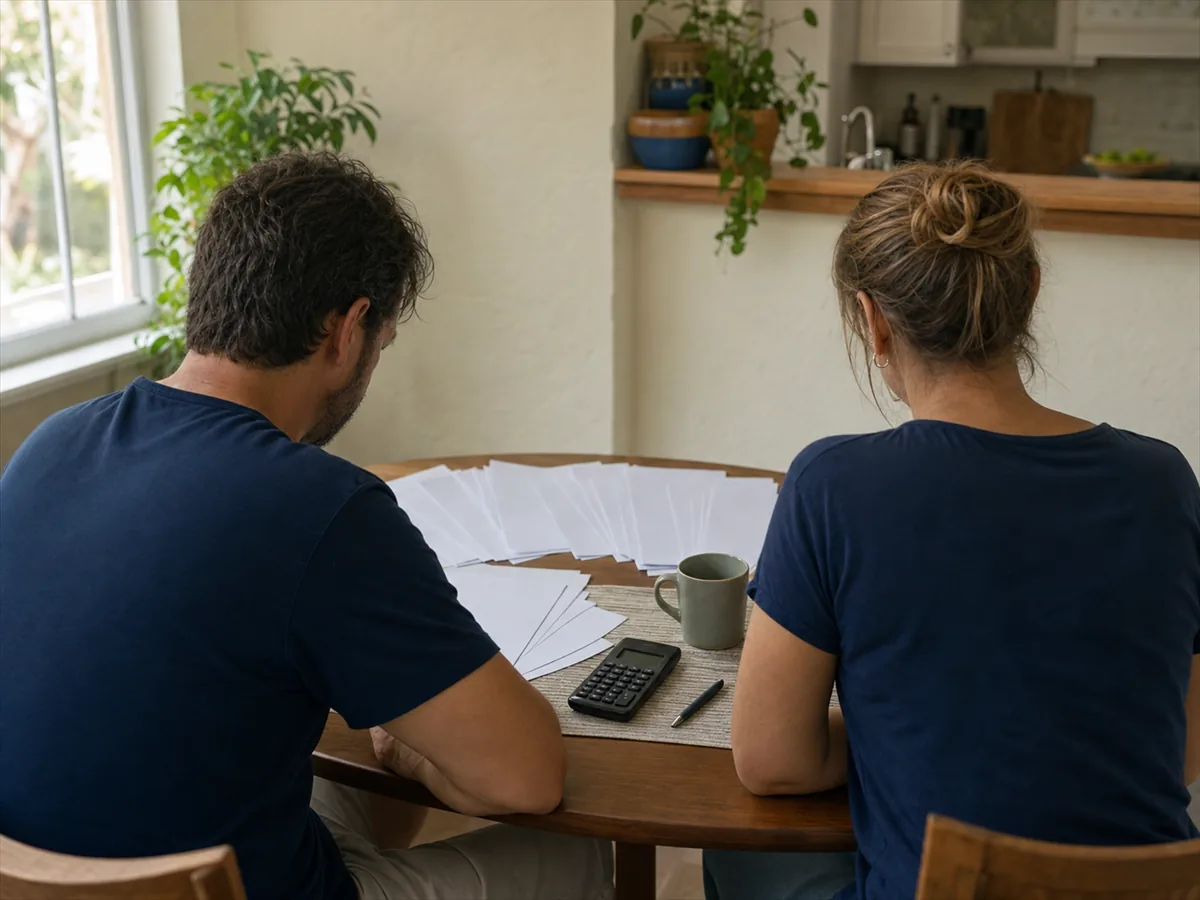 Two people reviewing their own bank statements at a table